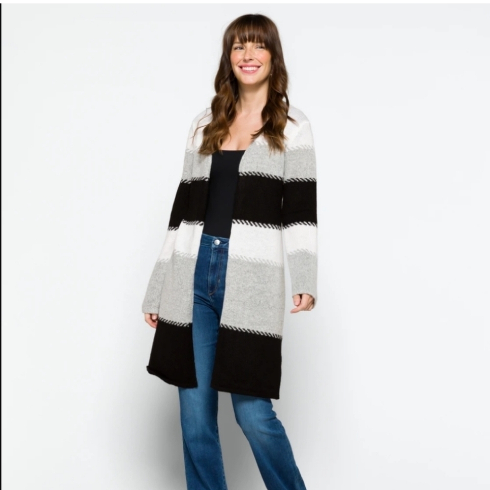 Fortune+Ivy Adeline Striped Black and Gray Women's Open Cardigan Sweater Size XS